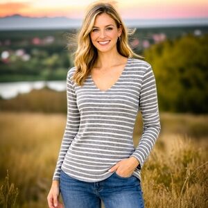 A New Day Striped Tie Back Top Sz S Gray White Nautical Textured Coastal Beachy‎